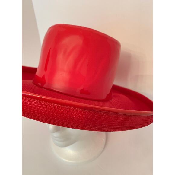 Small ( 6 3/4) Vintage Oleg Cassini Red Patent and Woven Hat Young America - Picture 2 of 6